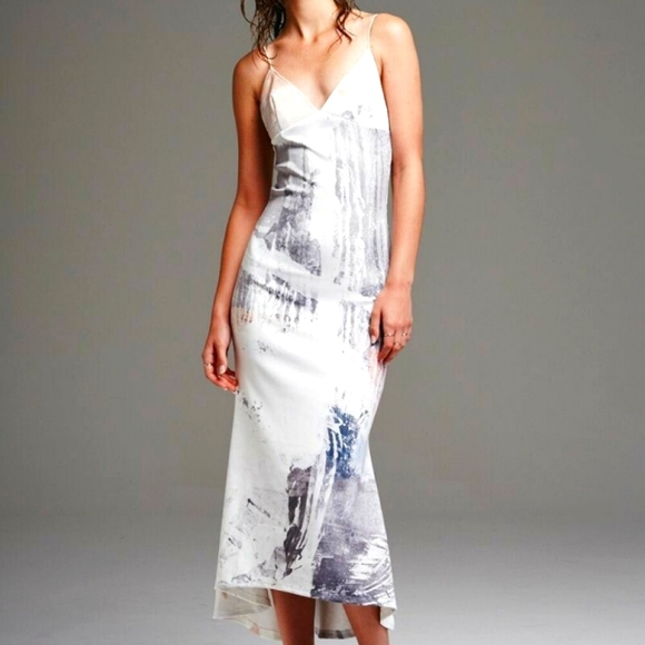 MAURIE & EVE Untold Silver Print Stretch Slip Formal Evening Midi Dress - Picture 2 of 10